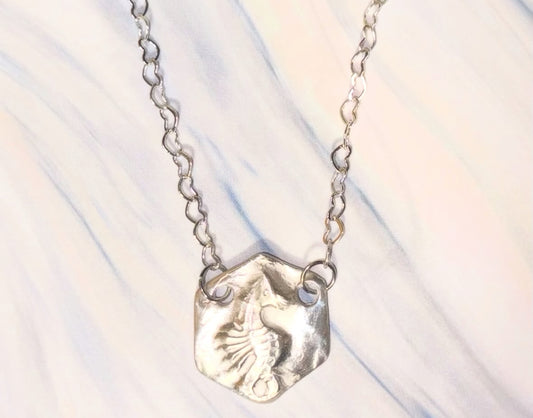 .999 Pure Silver Hand Fired One-of-a-Kind Seahorse Pendant - Sterling Heart Chain