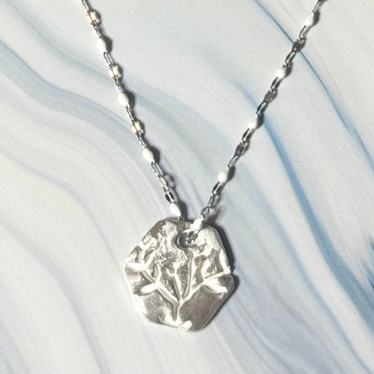 * SOLD*Hand-Fired Hexagon Rustic Branch Sterling Silver Pendant on Lace Accent Chain